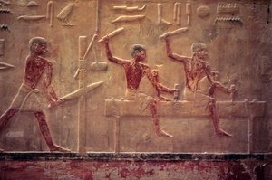 Ancient Egypt, Wall carving/painting, Mastaba/Tomb of Ti, Saqqara, 5th Dynasty, Carpenters sawing and hammering, Shaping beam