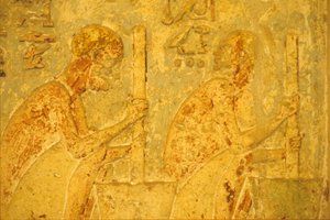 Ancient Egypt, Wall Carving/Painting, Tomb of Petosiris, Tuna el Gebel, 300 BC, Workers Using Pestle and Mortar