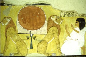Ancient Egypt, Wall painting Tomb of Inherkhau, Thebes, Inherkhau adoring two lions, guardians of today and tomorrow, 20th Dynasty by School Egyptian