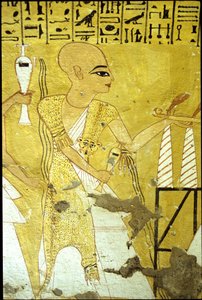 Ancient Egypt, Wall painting Tomb of Inherkhau, Thebes, Tomb of the Nobles, 20th dynasty, A priest pouring libations for Inherkhau