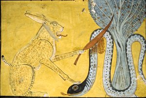 Ancient Egypt, Wall painting Tomb of Inherkhau, Thebes, Tomb of the Nobles, 20th dynasty, Amon defeating the serpent, Apophis beneath the sacred tree by School Egyptian