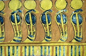 Ancient Egypt, Wall painting, Uraeus serpents guarding the shrine of Osiris, Tomb of Sennedjem, Thebes, Deir el Medna by School Egyptian