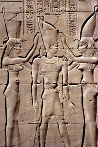 Ancient Egypt, Wall painting/carving, A King receives the double crown from Isis and Nephthys, Temple of Horus, Edfu