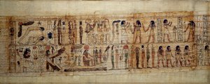 Ancient Egyptian Art Mythological Papyrus of Serimen. On top: during the creation of the world, the god Geb (Earth) is separated from the goddess Nout (heaven); gods and genies from the on. Below: Serimen pays homage to the sun that is flooding with its ra