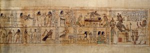 Ancient Egyptian Art Mythological Papyrus of Serimen. Top: Serimen loves the god Osiris represented by its emblem in the city of Abydos. The soul of the dead in the form of a bird flies over his mummy watched by the goddesses Isis (left) and Nephtys (right