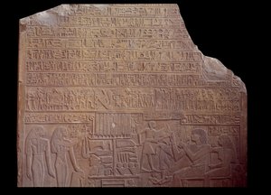 Ancient Egypt: funerary stele covered with an inscription in code language in the form of hieroglyphs. Paris, Louvre Museum