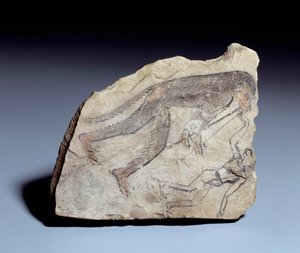 Egyptian antiquity: ostrakon figure: monkey playing double flute to make a man dance