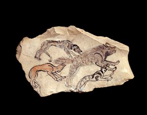 Ostrakon (or ostracon) (plural: ostraca or ostraka) in limestone representing three dogs hunting a hyena. 1300-1070 BC. From Deir el Medineh. Paris, Louvre Museum