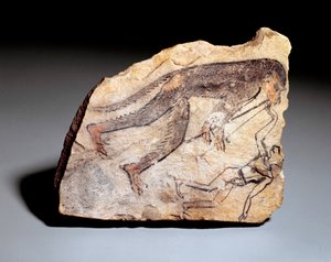 Ostrakon figure: monkey playing double flute (aulos) to make a man dance. From the site of Deir el-Medineh