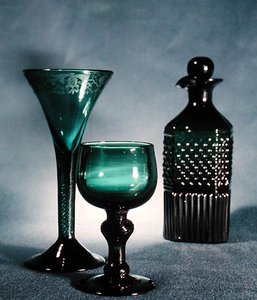 L to R: Decorated wine glass, round glass and decanter, late 18th-early 19th century