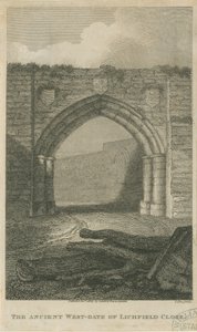 Lichfield - Ancient West Gate of The Close: engraving by School English