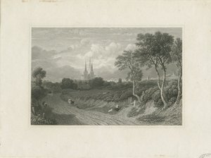 Lichfield Cathedral - West View (distant): engraving, nd [?18th cent] by School English