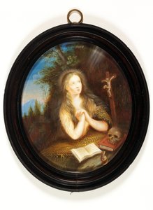 Mary Magdalene leaning against a bank, her eyes raised to a crucifix by School English