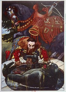 Knight encounters a Monster emerging from a Well by School European