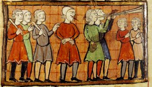 False witness with pierced tongue condemns to wander the streets of the city preceded by miniature trumpet players from Citeaux manuscript. Angers, Municipal Library