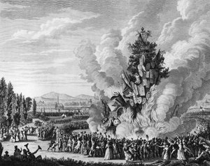 French Revolution: Commemoration of the capture of the Bastille on 14 July 1792 with a large bonfire burning the symbols of the monarchy from the palace of the Tuileries