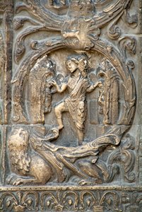 Gothic Art: Piedroit of the right-hand portal of the western facade of the Basilica of Saint Denis representing the work of the fields: January. Saint-Denis, France by School French