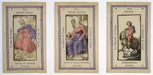 Old cards to play with the king (blond man), the queen (blonde woman) and the rider (finish) cup. Musée de la Carte à Jouier, Issy-les-Moulineaux