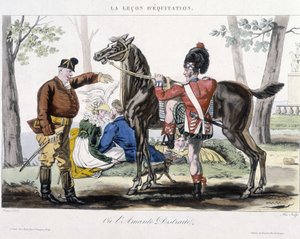 Riding lesson or distracted lover - humorous drawing