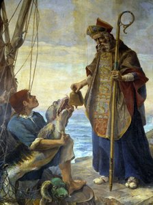 St Pol de Leon receives by a fish, on the island of Batz, the bell that King Mark had refused him in Ouessant, v. 530 - painting of the church of Morlaix