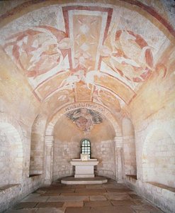 The Crypt, from the earlier church of 1030, with frescoes of Christ on a white horse surrounded by angels, from the 12th century