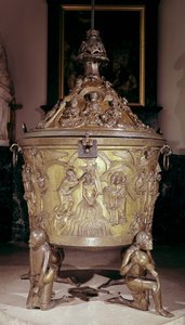 Baptismal Font Showing a Relief Panel of the Baptism of Christ, Supported by Four Kneeling Figures Representing the Rivers of Paradise, German, c.1225-30