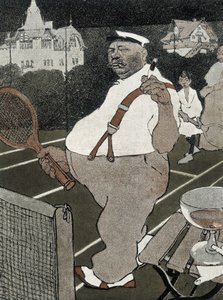 Tennis: fat man, smoking and drinking alcohol, playing tennis - German cartoon