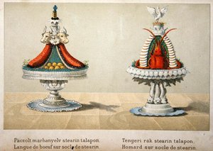 Design for the presentation of ox tongue on a bed of stearin and for lobster, illustration from a Hungarian cookery book on French cooking, c.1880 by School Hungarian