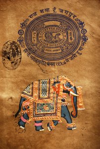 Elephant, Hand Made Painting & Old Stamp Paper, Jaipur, Rajasthan, India by School Indian