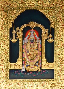 God Tirupati Balaji in Miniature Painting on Paper with Gold Embossing by School Indian