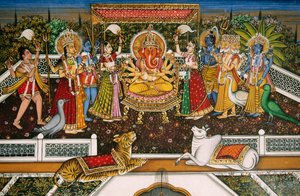 Lord Ganesh Ganpati with Brahma, Vishnu, Shiva, Durga by School Indian