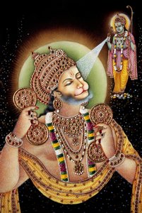 Lord Hanuman and Rama Miniature Painting by School Indian