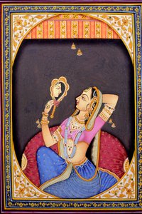 Miniature Painting of Woman Looking in Mirror by School Indian