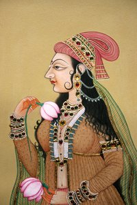 Miniature Painting on Paper Portrait of Royal Mughal Lady by School Indian