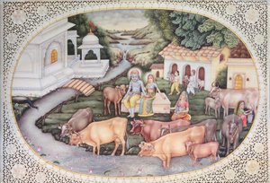 Miniature of Krishna and a Milkmaid Seated in a Field with Cattle by School Indian