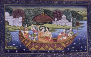 Mughal Miniature Painting on Paper, King Love Scene and Enjoying Music in Boat by School Indian