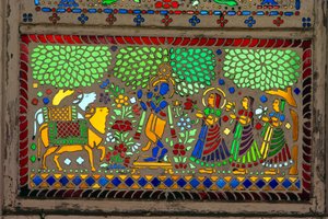 Radha Krishna with Sakhi on Stained Glass