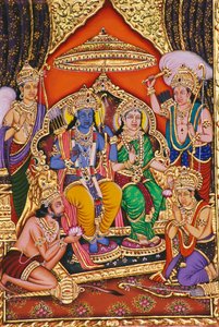 Ram Darbar Miniature Painting on Paper with Embossed by School Indian