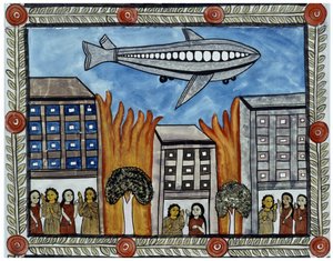 The story of the attacks of 11 September 2001 told by the peddlers Baul from Bengal. Painting, series, number 6/9, Bengal by School Indian