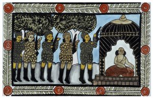 The story of the attacks of 11 September 2001 told by the peddlers Baul from Bengal. Painting, series, number 2/9, Bengal. by School Indian