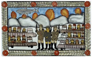 The story of the attacks of 11 September 2001 told by the peddlers Baul from Bengal. Painting, series, number 8/9, Bengal by School Indian