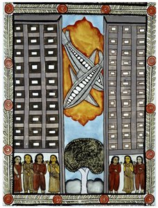 The story of the attacks of 11 September 2001 told by the peddlers Baul from Bengal, an illustration of the planes taking part in the World Trade Center in New York. Painting, series, number 3/9, Bengal. by School Indian
