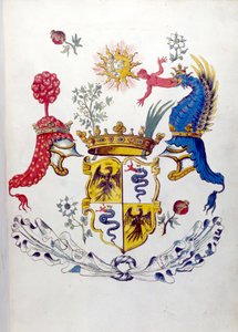 Blazon of the Visconti family of Milan, with representation of a dragon devouring a child. State Archive of Milan