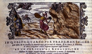 Bradamante tears Brunel her enchanting ring, thanks to which she detrays the power of Atlante and delivre Roger, scene of the knight poem of Orlando Furioso by Ludovico Ariosto, Chant I by School Italian