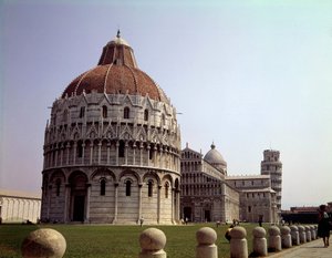 Medieval Architecture: View of the Baptistery, the Dome, and the Tower of Pisa on the Campo dei Miracoli, Italy