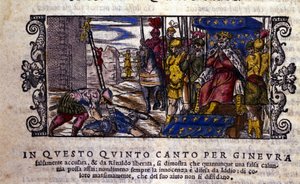 Princess Ginevra is innocent and the fight between the slander and the unknown knight who came to defend Ginevra is interrupted. Scene of the knight poem of 