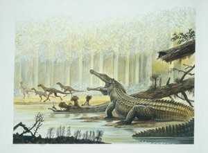 Rutiodon with Fabrosaurus in the background, Triassic period by School Italian