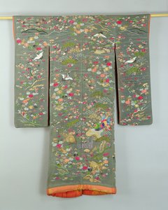 Grey robe decorated with flowers and birds, Japanese