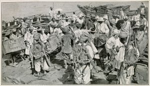 Korean Porters in Chemulpo Harbour, Unloading Junks - Illustration after 19th Century Photography by J. de Pange, From Travel in Korea by Doctor Hagen