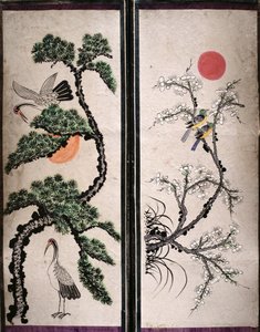 Two Panels of an Eight Fold Screen Depicting Birds and Flowers by School Korean